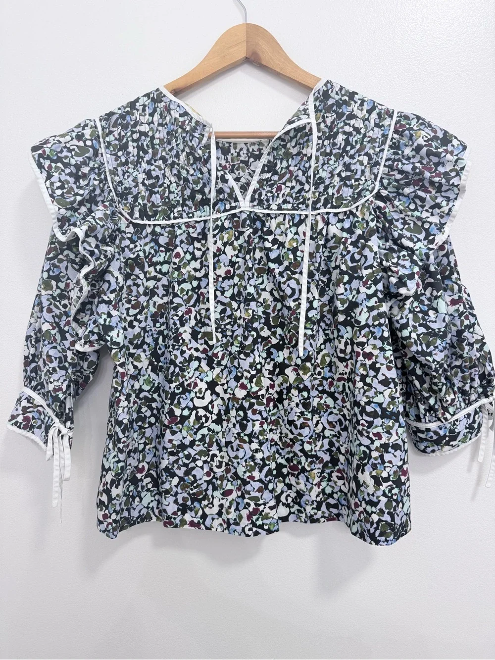 Marie Oliver Floral Ruffle Long-Sleeve Top - Black/White Multicolor